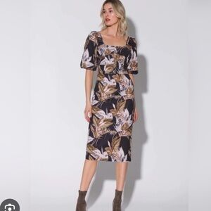 Walter Baker Black and Orange Midi Sundress with Bishop Sleeves